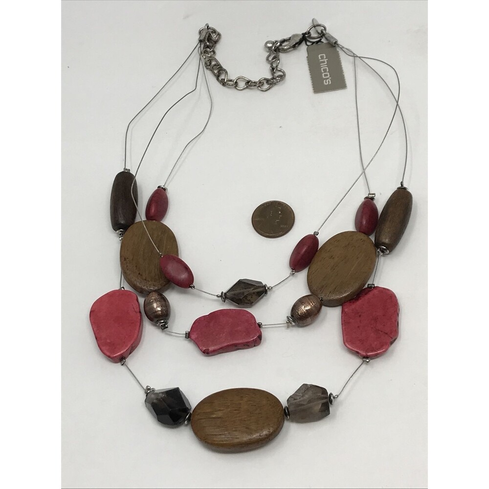 CHICO'S Necklace Floating Red -ish Pink Brown Chunky Stones & Beads